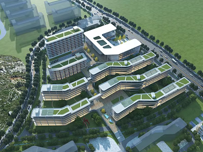 Modern Industrial Factory Complex With Green Roofs And Surrounding Greenery 3d model