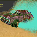 Military Weapon Mounted On Camouflage Armored Vehicle Driving On Sandy Terrain With Orange Dust Cloud