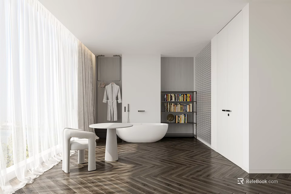 Modern Open Bedroom Interior with White Bathtub Bookshelf Wardrobe Chair Table and Wooden Floor 3d model 