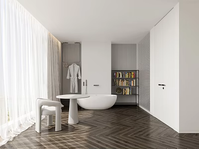 Modern Open Bedroom Interior with White Bathtub Bookshelf Wardrobe Chair Table and Wooden Floor 3d model