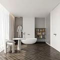 Modern Open Bedroom Interior with White Bathtub Bookshelf Wardrobe Chair Table and Wooden Floor