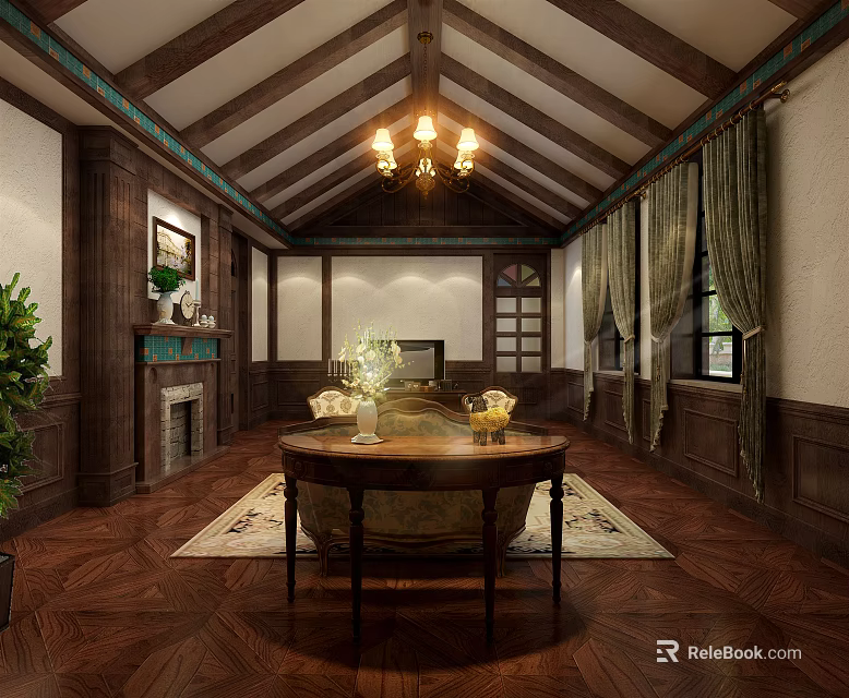 Traditional Living Room Interior With Wooden Ceiling Chandelier Fireplace Round Table And Rug 3d model 