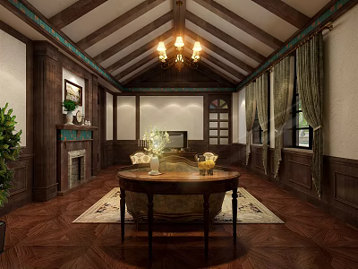 Traditional Living Room Interior With Wooden Ceiling Chandelier Fireplace Round Table And Rug 3d model