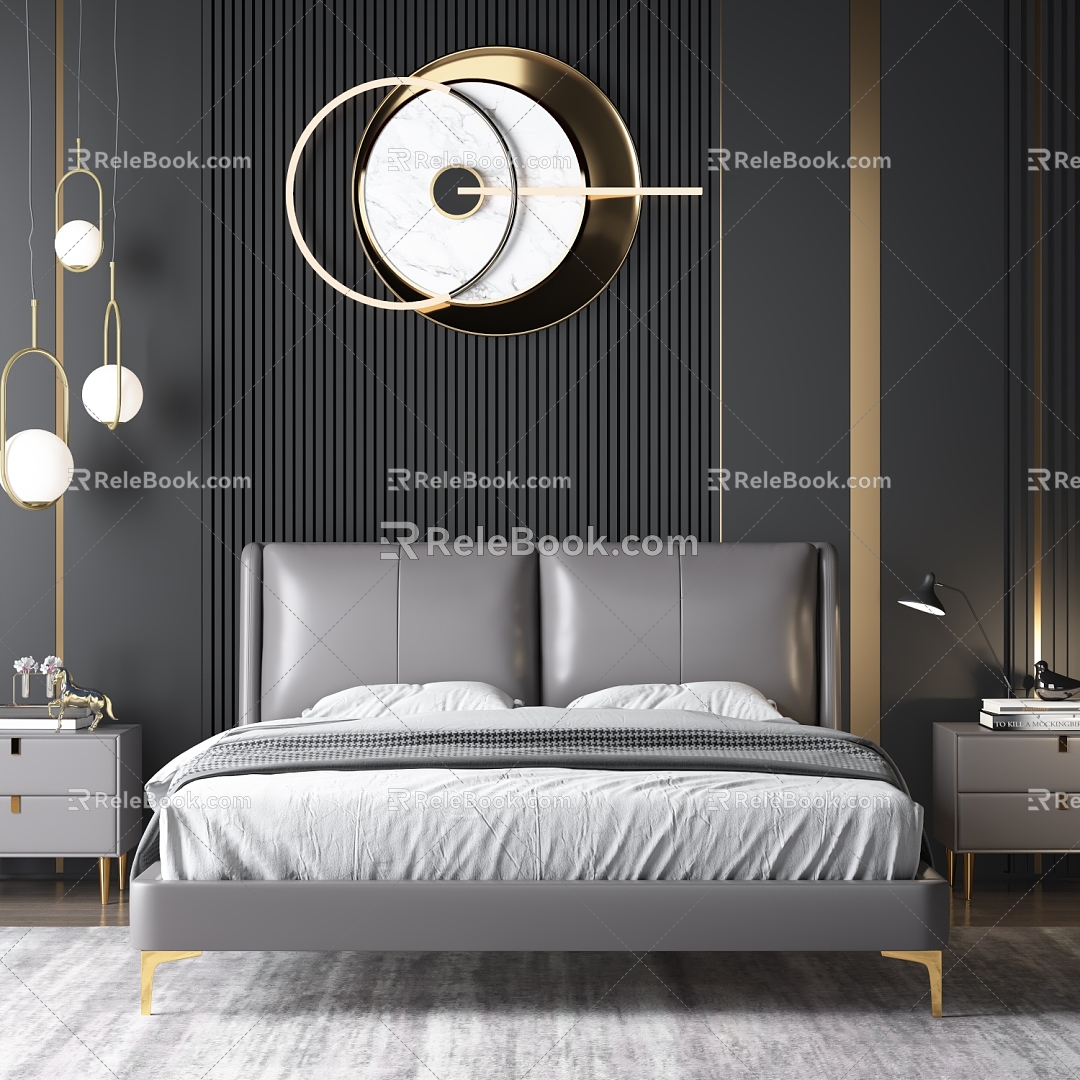 Leather Bed Vintage Bedroom Minimalist Double Bed Bedside Cabinet Carpet Chandelier Wall Decoration 3d model