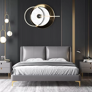 Leather Bed Vintage Bedroom Minimalist Double Bedside Cabinet Carpet Chandelier Wall Decoration 3d model