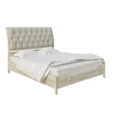 Tufted Upholstered Headboard Double Bed With Light Wooden Frame And White Linens 3d model