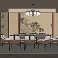 Traditional Chinese Restaurant Interior With Chandelier Mural Painting Green Plant Dining Table And Chairs