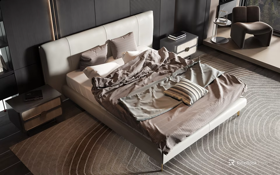 Modern Double Bed With White Headboard Gray Beige Bedding And Wavy Texture Rug 3d model 