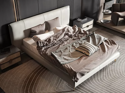 Modern Double Bed With White Headboard Gray Beige Bedding And Wavy Texture Rug 3d model