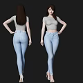 Stylish Woman In Gray T Shirt Light Blue Jeans And High Heels Front Back View
