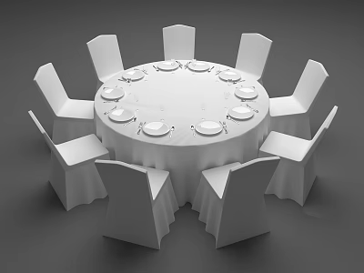 Simple Round Dining Table Set With Eight Chairs White Tablecloth And Plates 3d model