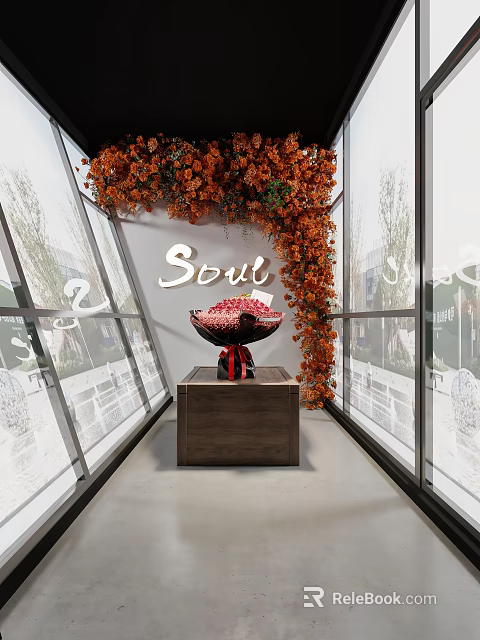 Attractive Shop Window Display With Orange Floral Vines Soult Sign Red Bowl On Wooden Table 3d model 