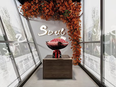 Attractive Shop Window Display With Orange Floral Vines Soult Sign Red Bowl On Wooden Table 3d model