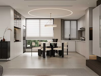 Modern Minimalist Open Plan Living And Dining Interior With Elegant Integrated Kitchen Design 3d model