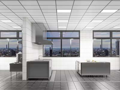 Modern Commercial Kitchen Interior Featuring White Tiled Walls Large Range Hood Counters City View Windows 3d model