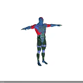 Blue Skinned Character Wearing Red And Green Bodysuit With Outstretched Arms Floating