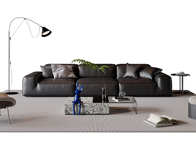 Stylish Black Leather Sofa Coffee Table Set with Throw Pillows Green Plant and Striped Rug 3d model
