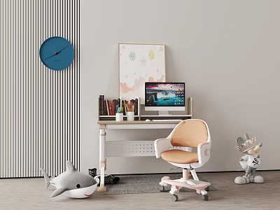 Cozy Home Desk With Books Laptop Blue Clock Picture Orange Chair And Shark Toy 3d model