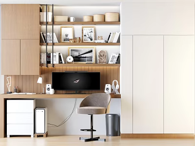 Modern Home Office Desk And Chair Set With Bookshelf Cabinets And Computer Setup 3d model