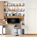 Modern Home Office Desk And Chair Set With Bookshelf Cabinets And Computer Setup