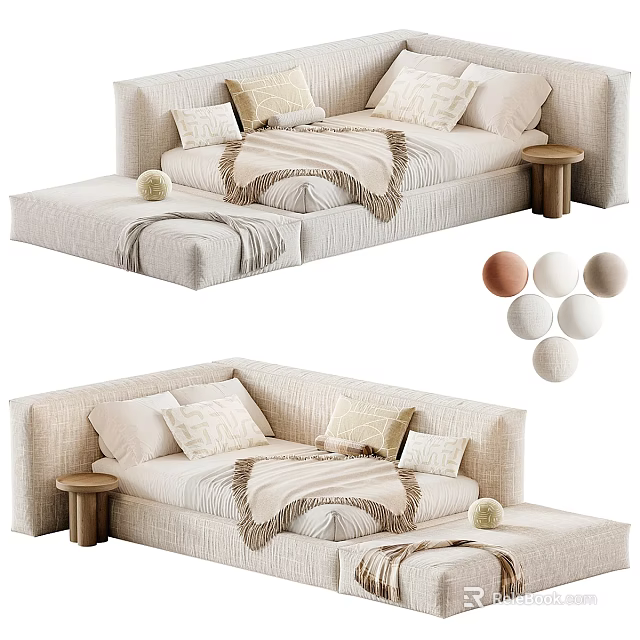 Modern Beige Irregular Shape Fabric Sofa Set With Soft Pillows Wooden Side Tables And Blankets 3d model 