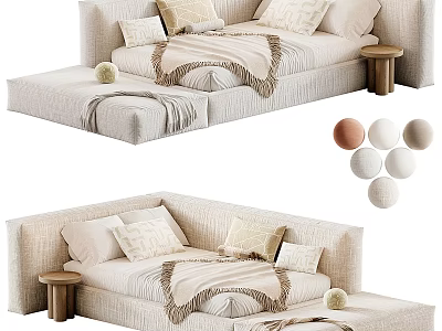 Modern Beige Irregular Shape Fabric Sofa Set With Soft Pillows Wooden Side Tables And Blankets 3d model