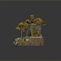 Cartoon Scenic Diorama with Small Cabin Autumn Trees Rocks and Green Plants