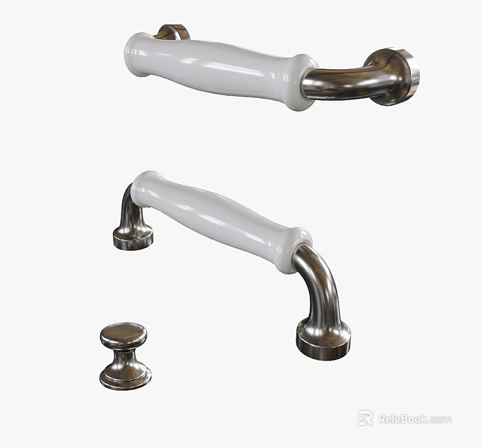 White Ceramic And Silver Metal Cabinet Handles With Small Round Knob 3d model 