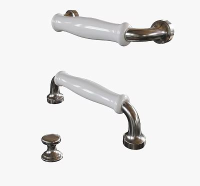 White Ceramic And Silver Metal Cabinet Handles With Small Round Knob 3d model