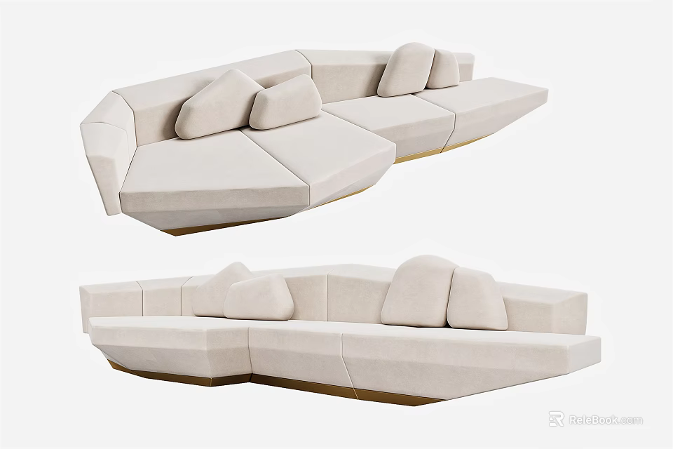 Modern Beige Sectional Sofa With Geometric Design Plush Cushions And Metal Base 3d model 