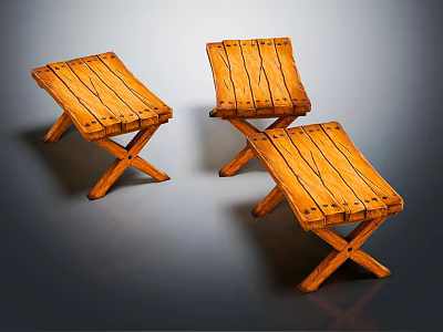 Three Wooden Folding Stools With Cross Legs And Natural Wood Grain 3d model