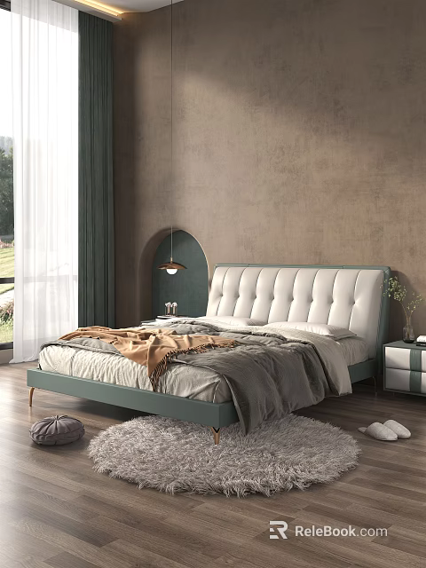 Modern Double Bed With Tufted White Headboard Green Frame And Nightstand 3d model