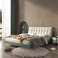 Modern Double Bed With Tufted White Headboard Green Frame And Nightstand 3d model