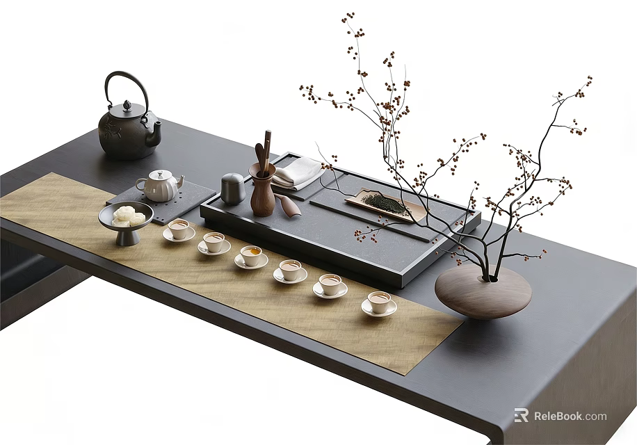 Traditional Chinese Tea Table Set With Teapot Teacups Tray And Flower Vase With Branches 3d model 