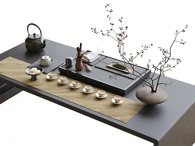 Traditional Chinese Tea Table Set With Teapot Teacups Tray And Flower Vase With Branches 3d model