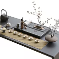 Traditional Chinese Tea Table Set With Teapot Teacups Tray And Flower Vase With Branches