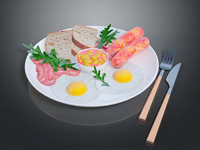 Delicious Breakfast Platter With Fried Eggs Sausages Bacon Bread and Fresh Herbs on White Plate 3d model