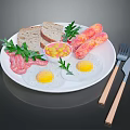 Delicious Breakfast Platter With Fried Eggs Sausages Bacon Bread and Fresh Herbs on White Plate