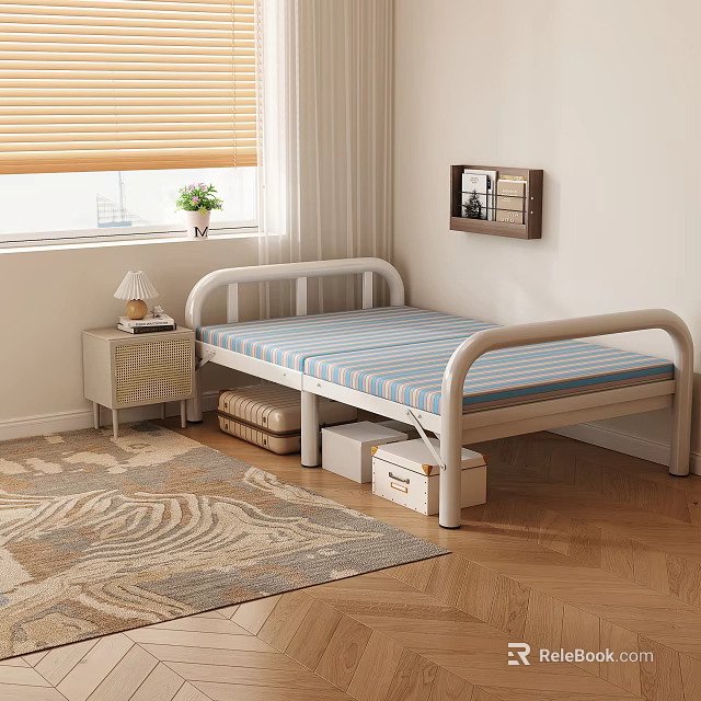 Folding Bed With Blue White Striped Mattress White Frame Nightstand Lamp Green Plant Storage Boxes 3d model 