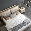 Modern Double Bed With Upholstered Headboard Neutral Bedding Bedside Lamps And Dark Wall Decor