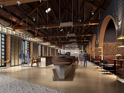 Warm Restaurant Interior With Wooden Ceiling Arched Doors Brick Walls Bar Counter And Pendant Lights 3d model