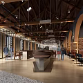 Warm Restaurant Interior With Wooden Ceiling Arched Doors Brick Walls Bar Counter And Pendant Lights