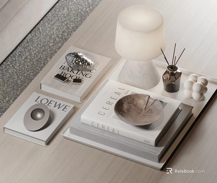 Modern Ornament Decor Combination Featuring Stacked Books Wooden Tray Aromatic Sticks And Metal Decor 3d model 