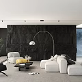 Modern Living Room Interior With Black Stone Wall White Sofas And Arched Floor Lamp 3d model