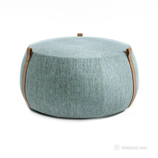 Light Blue Fabric Round Ottoman With Leather Straps And Top Handle 3d model