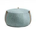 Light Blue Fabric Round Ottoman With Leather Straps And Top Handle 3d model