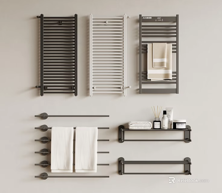 Bathroom Accessories With Various Color Towel Racks Towels And Toiletries On Shelves 3d model 