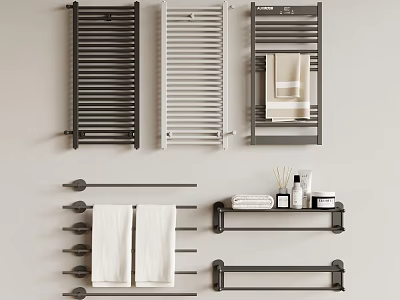 Bathroom Accessories With Various Color Towel Racks Towels And Toiletries On Shelves 3d model