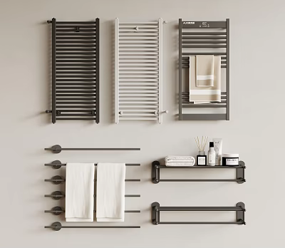 Bathroom Accessories With Various Color Towel Racks Towels And Toiletries On Shelves 3d model