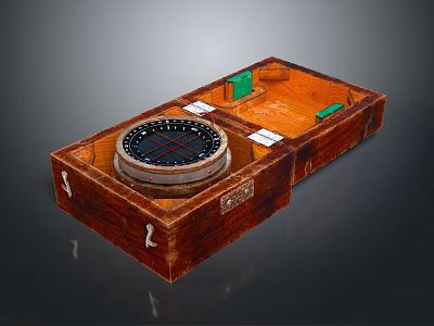 Wooden Desk With Open Box Containing Compass Green Item And White Cards 3d model